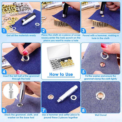 100sets Silver Metal Eyelets and Eyelet Punch Die Tool Set for Leathercraft Clothing Shoes Belt Bag Grommet Banner 2mm-17mm
