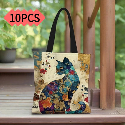 1/5/10pcs Floral Cat Pattern Tote Bag, Aesthetic Canvas School Shoulder Bag, Lightweight Grocery Shopping Bag