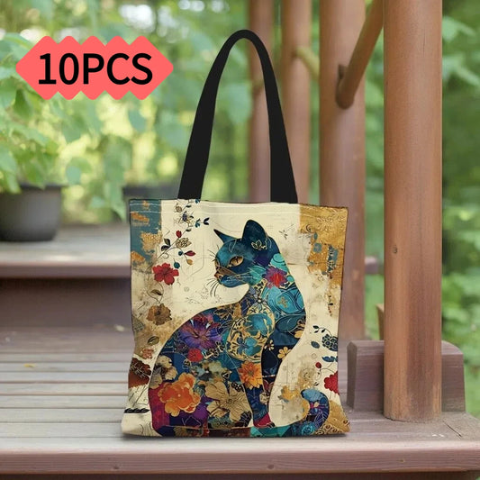 1/5/10pcs Floral Cat Pattern Tote Bag, Aesthetic Canvas School Shoulder Bag, Lightweight Grocery Shopping Bag