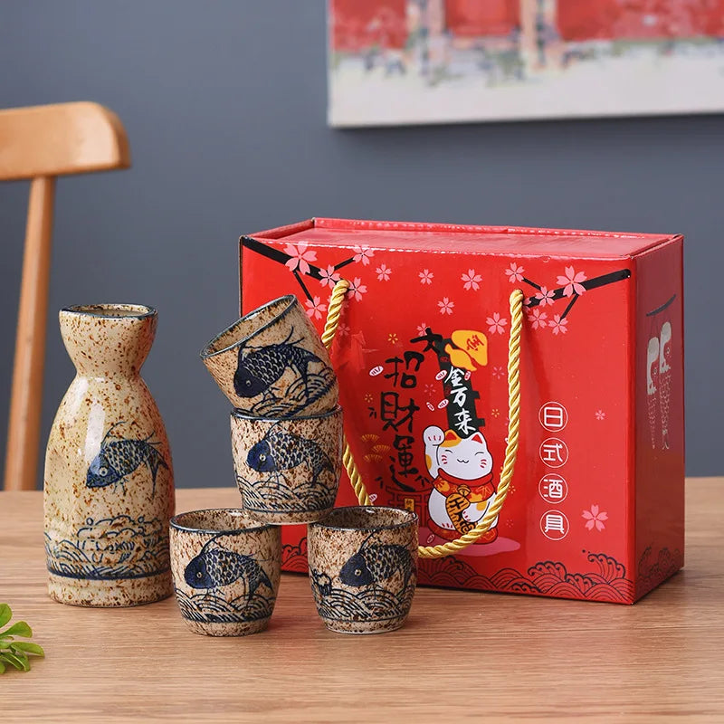 50ml Japanese-style Ceramic Antique White Wine Cup Sake Set Home Retro Coffee Cup Wine Pot Shochu Classical Cup - 5-piece win