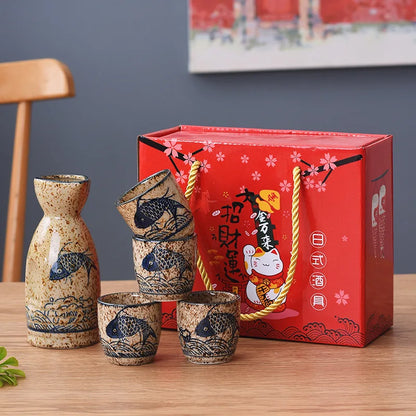 50ml Japanese-style Ceramic Antique White Wine Cup Sake Set Home Retro Coffee Cup Wine Pot Shochu Classical Cup - 5-piece win