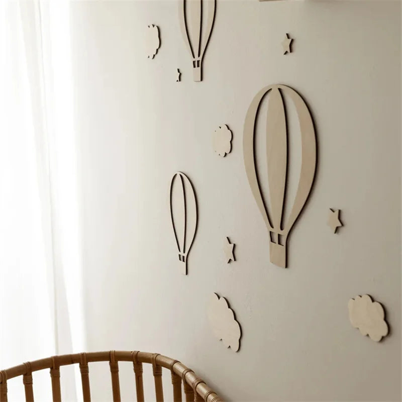 13Pcs Ins Wooden Hot Air Balloon Cloud Star Set Wall Stickers Home Decoration Background Wooden Wall Stickers Holiday Decorat