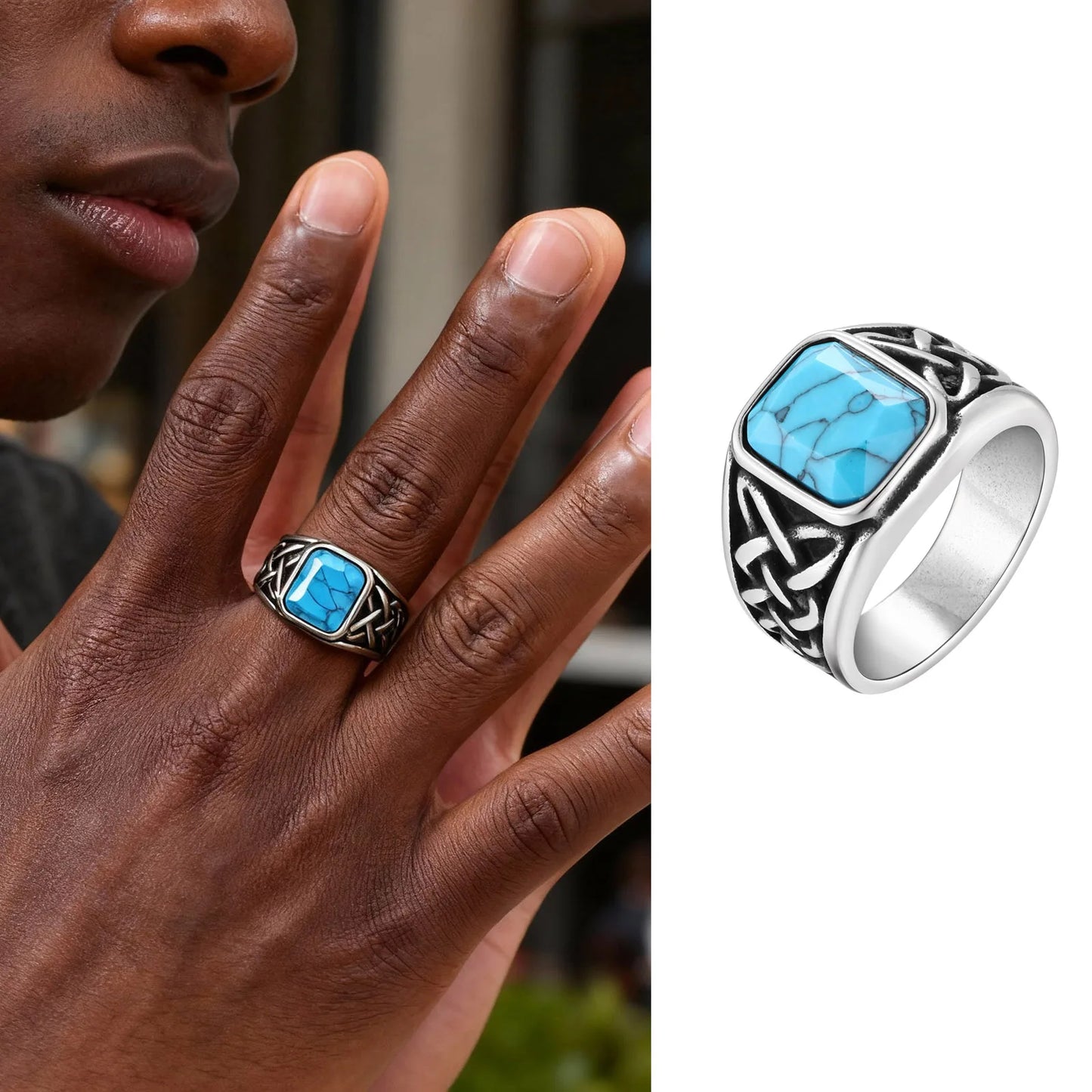 Punk Vintage Ethnic Rings for Men, Retro Viking Knot Rune Finger Band, Black Geometric Square Stone Signet Ring Jewelry