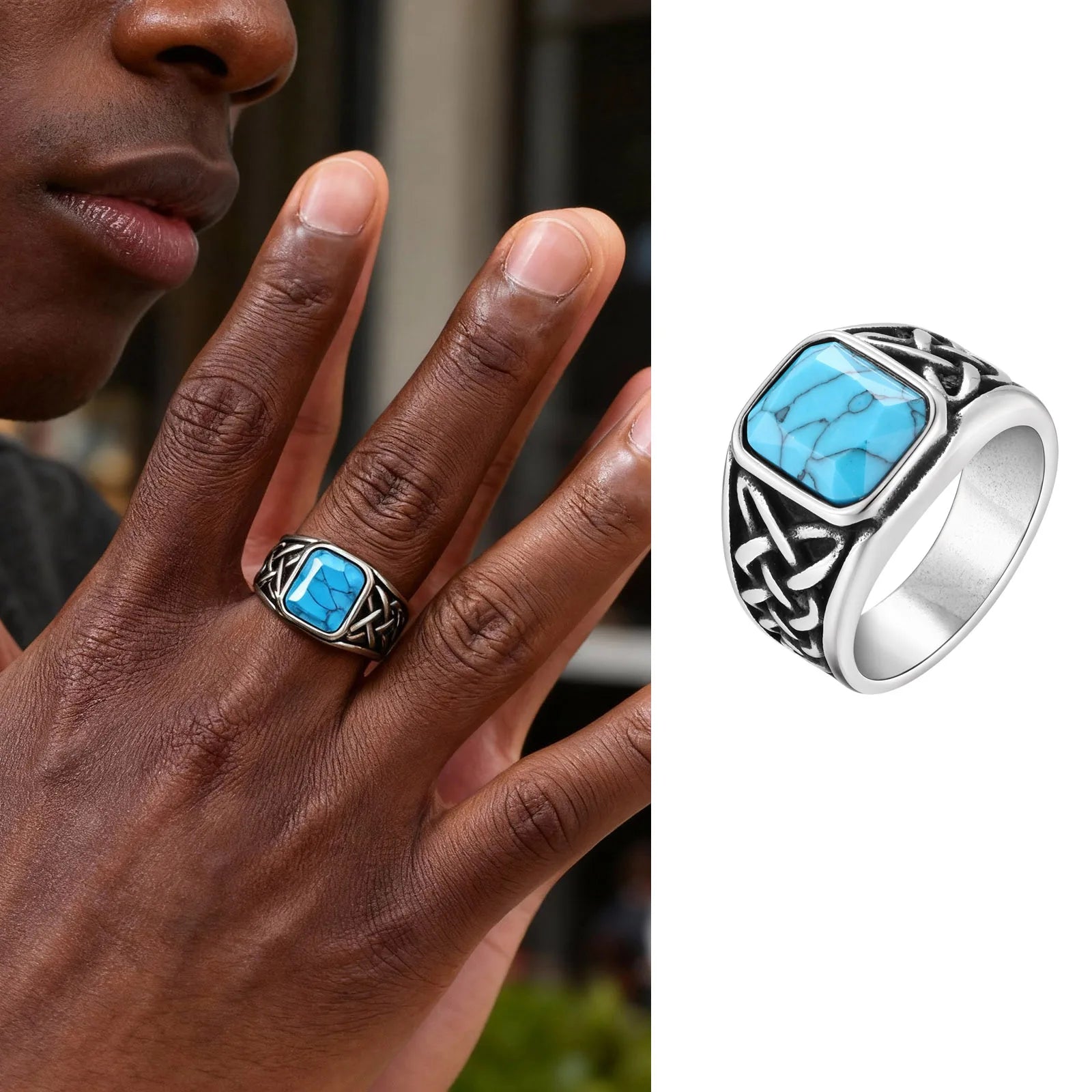 Punk Vintage Ethnic Rings for Men, Retro Viking Knot Rune Finger Band, Black Geometric Square Stone Signet Ring Jewelry