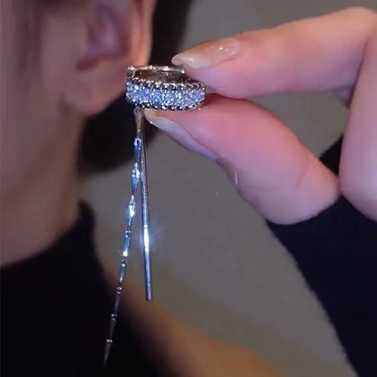 Silver Color Crystal Tassel Non-Piercing Cuff Ear Clip Earring For Women Shiny Rhinestone Chain Fake Cartilage Piercing Jewel