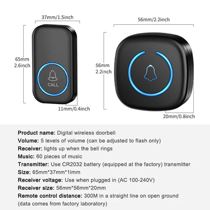 Wireless Doorbell Intelligent Welcome Door Bell 300M/984 FT Remote 60 Songs Melodies Home Smart Doorbell US EU UK Plug Option