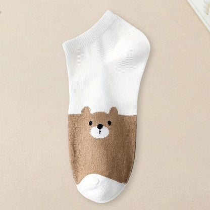 5 Pairs Women Cartoon Patterned Socks Trendy Versatile Breathable Sweat Wicking Deodorizing Antibacterial Comfortable Socks