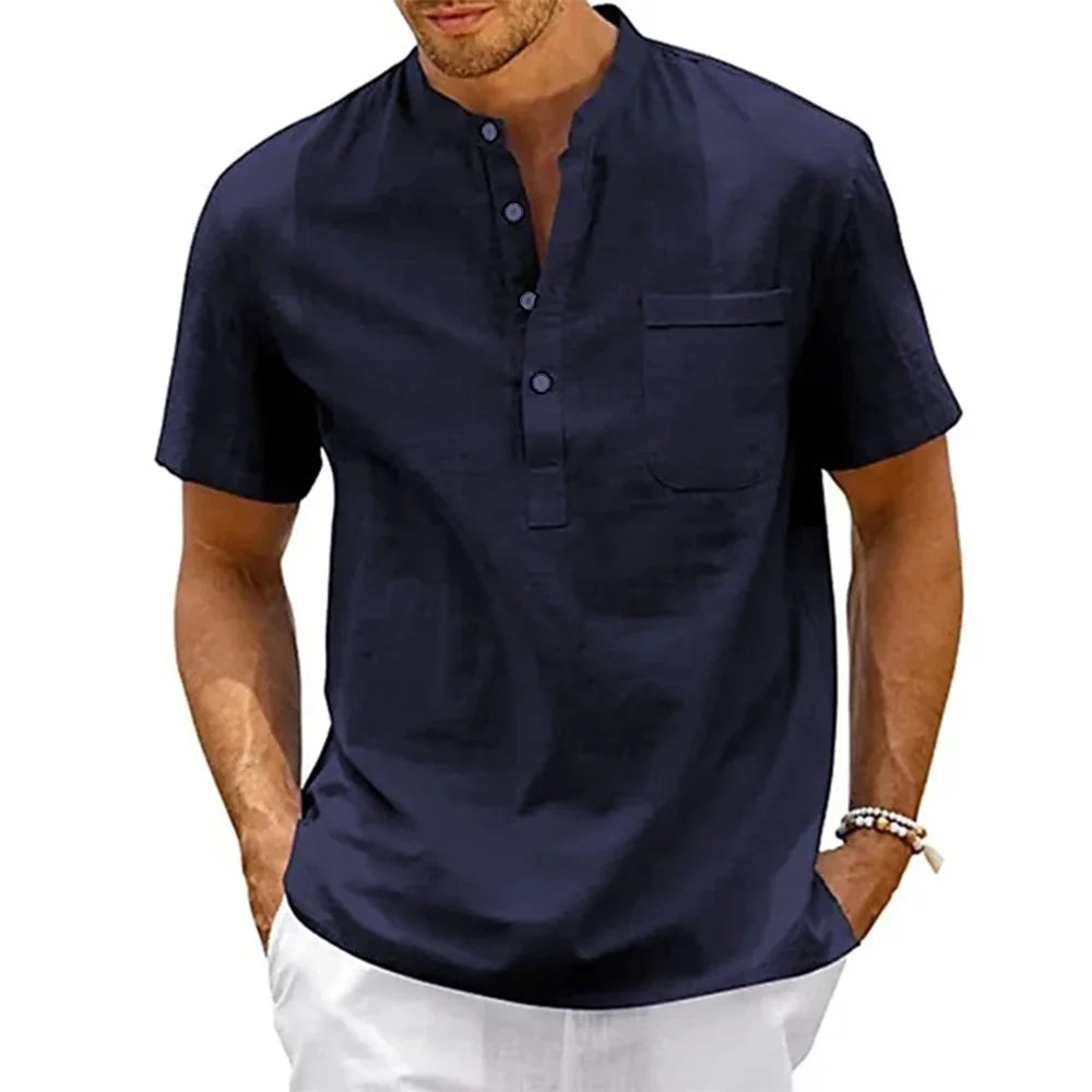 Cotton Linen Shirt Men Henley Neck Pocket Casual Beach Short Sleeve Solid Color Male Tops T-shirts Vintage Streetwear - navy 
