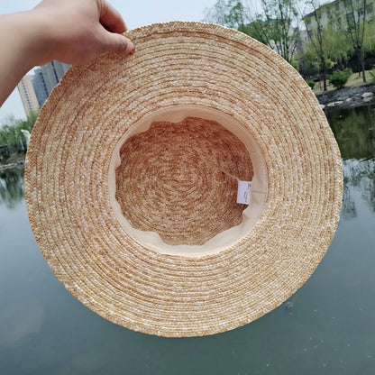 Boater Straw Hat wide brim French elegant square ribbon women's sun hat holiday straw hat 모자 햇빛 가리개