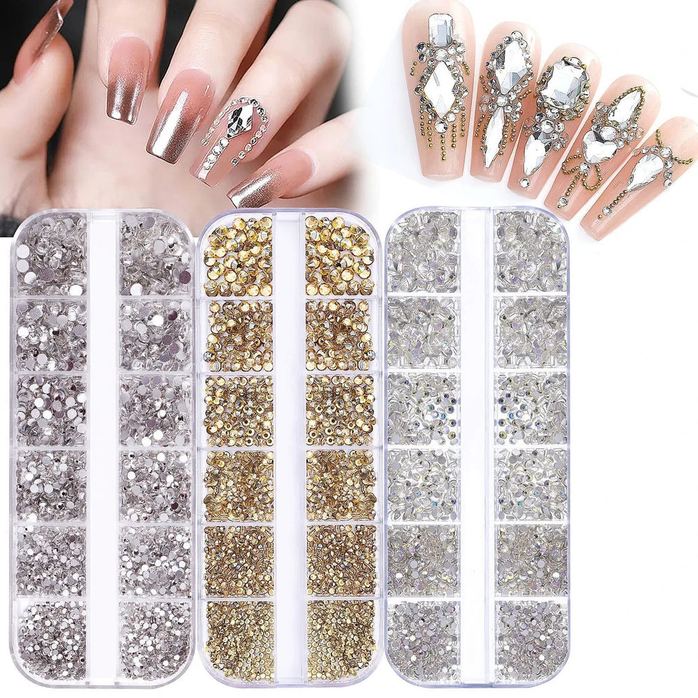 2400pcs+ Shiny Clear Crystal Gems Nail Rhinestones 1.5-4mm Mixed Round Glass Stone Flatback Nail Charms 12grids Nail Diamond 