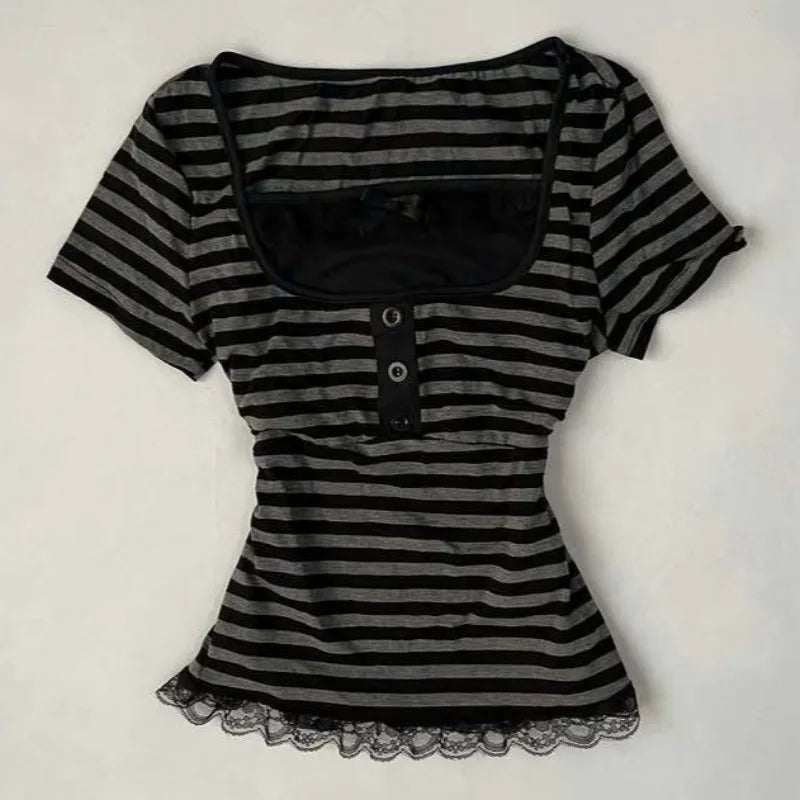 Vintage Slim Lace T-shirt Solid Color Casual Pattern Commuter High Street Fashion Y2K Cropped Top Trash Punk Hop Women's T-sh