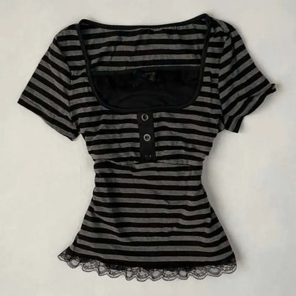 Vintage Slim Lace T-shirt Solid Color Casual Pattern Commuter High Street Fashion Y2K Cropped Top Trash Punk Hop Women's T-sh