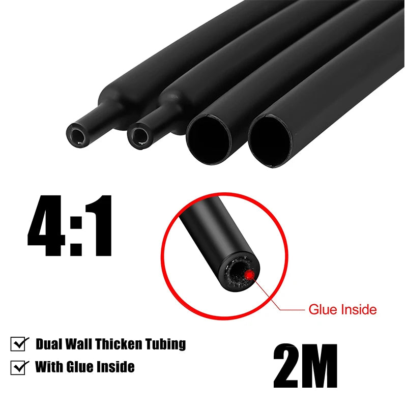 2M 4:1 Heat Shrink Tubing Adhesive Waterproof Glue Insulated Dual Wall Black Heat Shrinkable Tube 4/6/8/12/16/18/20/24 MM