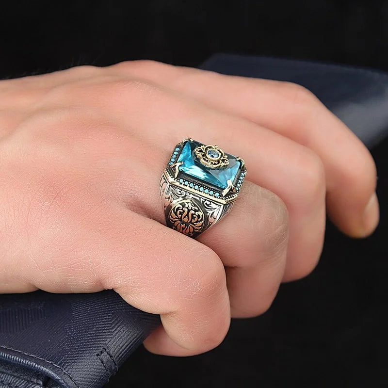 Retro Handmade Turkish Signet Ring for Men Vintage Silver Color Carving Pattern Inlay Green Zircon Party Punk Motor Biker Rin