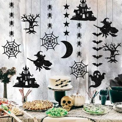 6pcs Halloween Hanging Banner Garland Scary Spider Witch Ghost Bat Pendant Ornament Happy Halloween Party Decorations for Hom