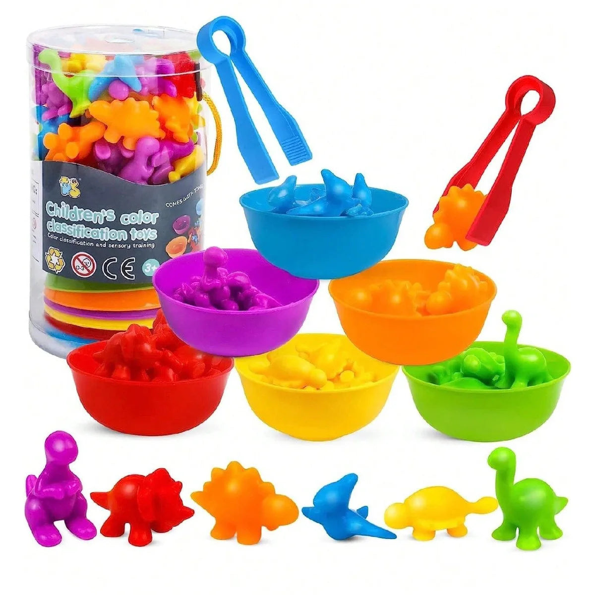 Children Counting and Sorting Toys Pom Poms Rainbow Colors Plastic Bowls Tweezers Fine Motor Skill Children Learning Toys - D