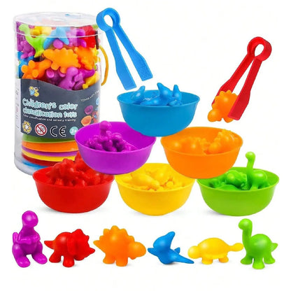 Children Counting and Sorting Toys Pom Poms Rainbow Colors Plastic Bowls Tweezers Fine Motor Skill Children Learning Toys - D