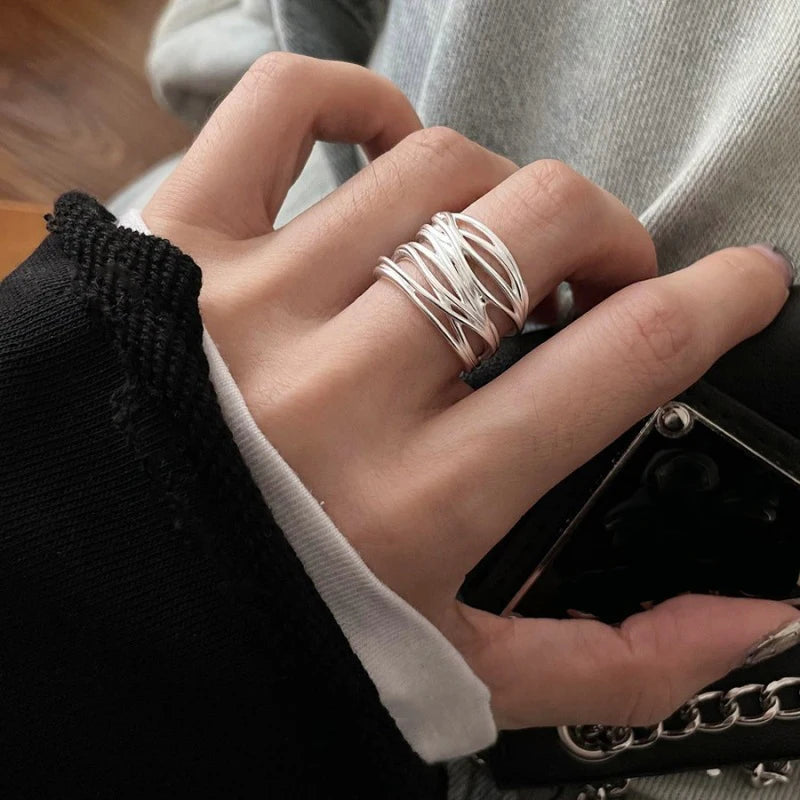 VENTFILLE 925 Sterling Silver Rings INS Fashion Hip Hop Vintage Couples Hollow Lines Punk Thai Silver Party Adjustable Jewelr