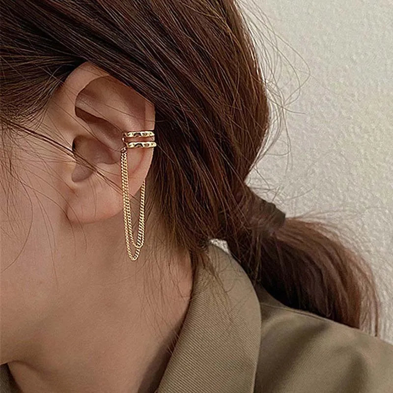 Silver Color Crystal Tassel Non-Piercing Cuff Ear Clip Earring For Women Shiny Rhinestone Chain Fake Cartilage Piercing Jewel