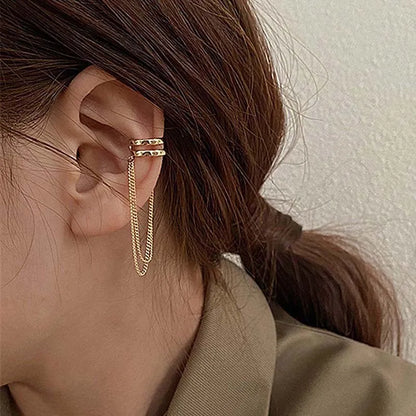 Silver Color Crystal Tassel Non-Piercing Cuff Ear Clip Earring For Women Shiny Rhinestone Chain Fake Cartilage Piercing Jewel