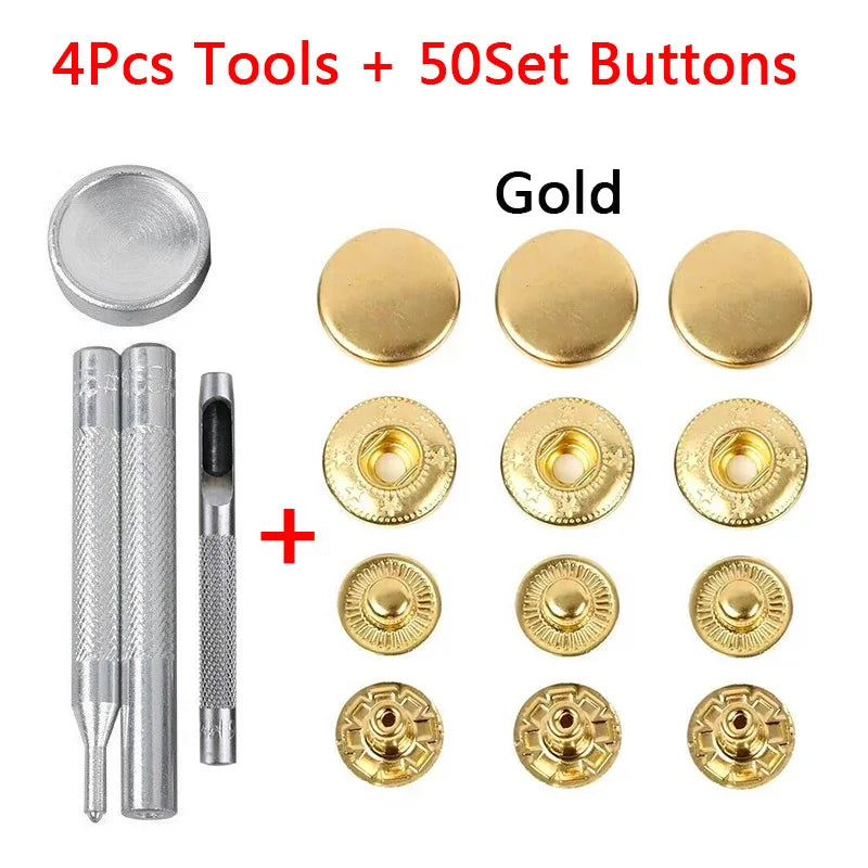 50Sets Leather Snap Fasteners Kit 10mm 12mm 15mm Metal Button Snaps Press Studs 4 Install Tools Leather Snaps For DIY Clothes