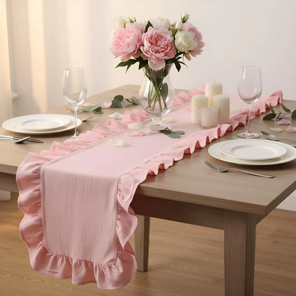 Ruffle Table Runner 100% Cotton Fabric Farmhouse Rustic Ruffled Edge Table Runner Wedding Decor for Christmas Holiday Baby Sh
