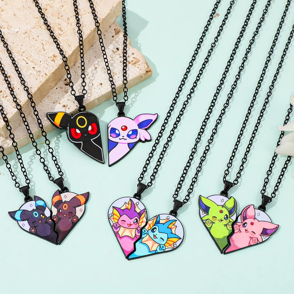 2-piece cute Eevee cartoon pendant necklace with heart patchwork, anime-style metal necklace