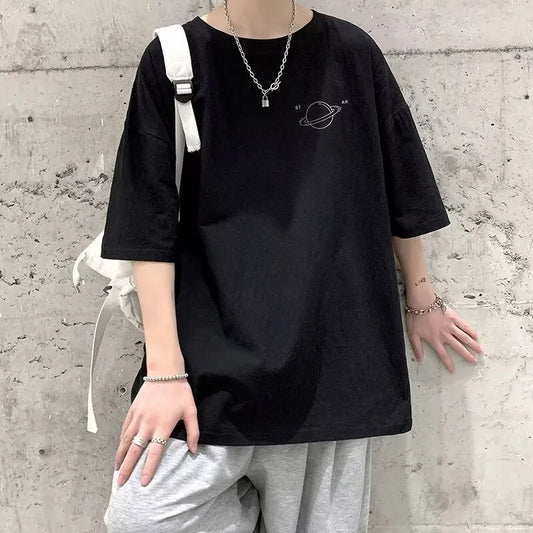 Minimalist Planet Printed Men's Casual Top M-8XL Large Size T-shirt Trendy Versatile Short Sleeve