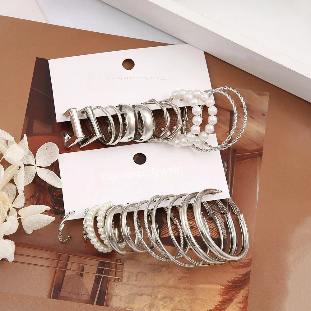 Vintage Silver Color Y2K Pearl Earrings for Women Geometry Round Circle Square Hoop Earring Set Fashion Female Jewelry Access