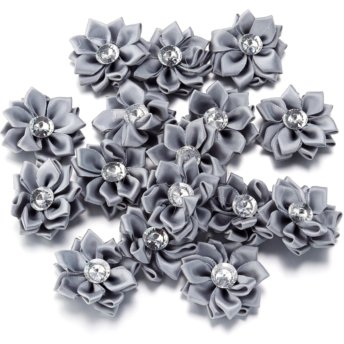 20pcs/lot 40mm Mini Inlaid Rhinestones Small Handmade DIY Satin Ribbon Flowers Head Decorate Clothing Supplies Accessories - 