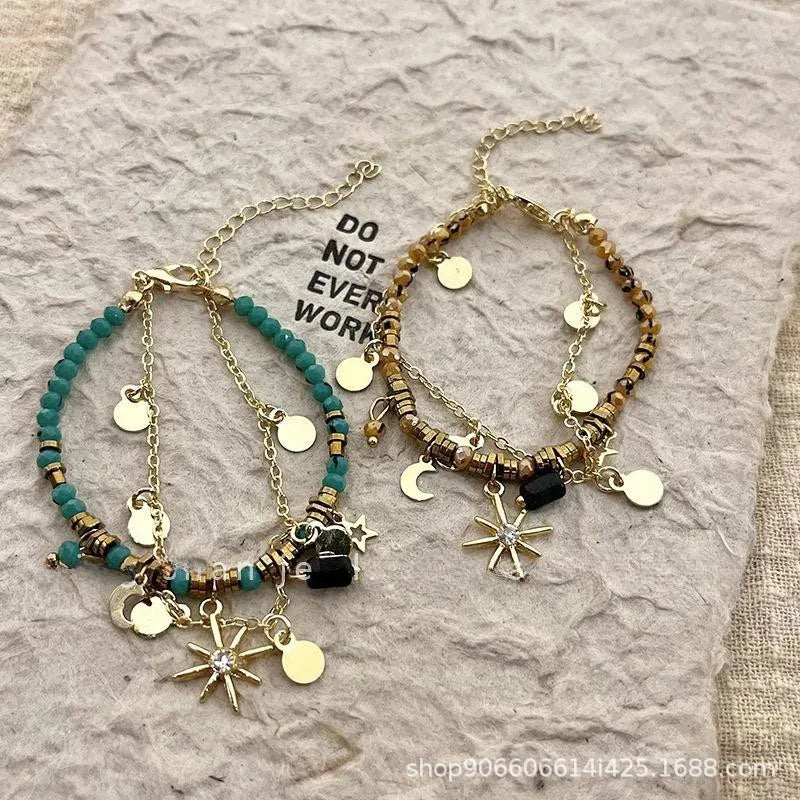 Vintage Bohemian Style Beaded Layered Bracelet, Sunflower Moon Pendant, Women's Jewelry Bracelet Accessories