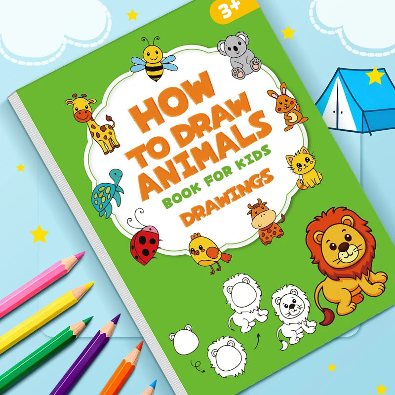 96 Animal Themes Interactive Activity Book on How To Draw Animals Four Simple Steps To Complete Drawing Coloring Toy Book