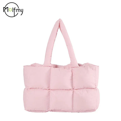 Women Tote Handbags Quilted Plaid Bag Retro Trendy Checkered Waterproof Shoulder Bag Solid Color Winter Soft Large Capacity B
