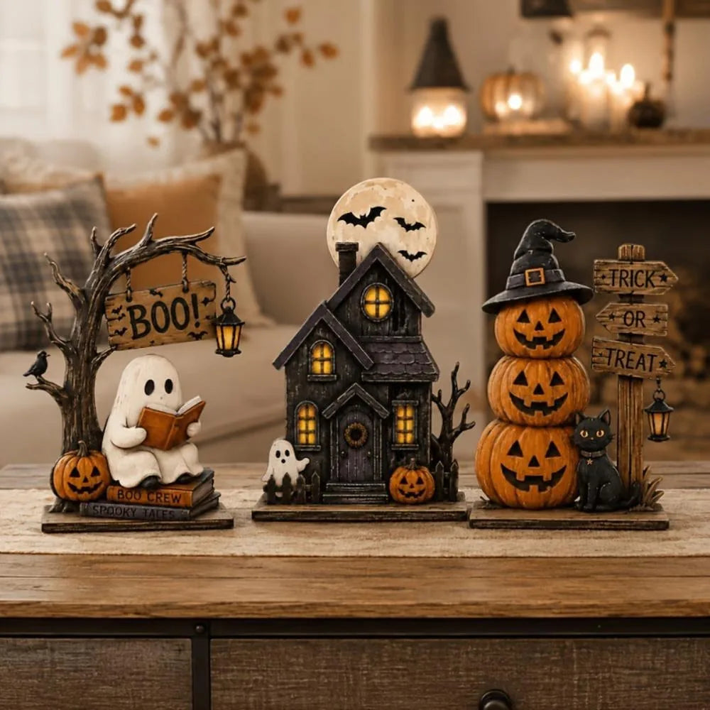 Vintage Halloween Wooden Ornament Ghosts House Figurines Stacked Pumpkin Spooky Tabletop Festive Seasonal Desktop Party Decor