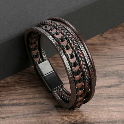 1pc Fashion Accessories MEN'S Multi-layered Vintage Leather Rope Braided Bracelet Alloy Magnetic Buckle Bracelet - Brown