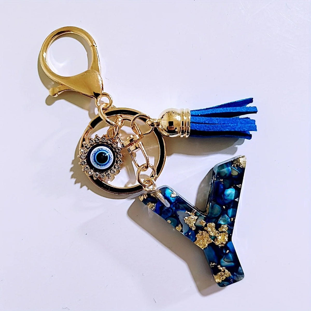 Blue Resin Initial Keychain - Evil Eye Letter Charm with Rhinestones & Tassel, Stylish Gift for Women, Lobster Clasp Accessor