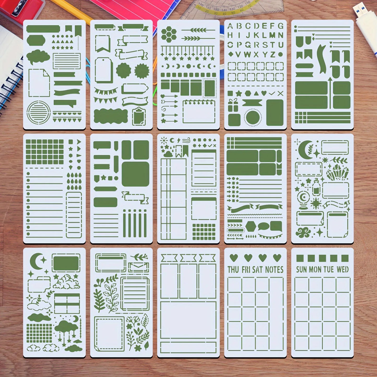 15Pcs Reusable Bullet Stencils Diary Drawing Templates For Painting DIY Scrapbooking Diary Scrapbook Journal Stationery Gifts