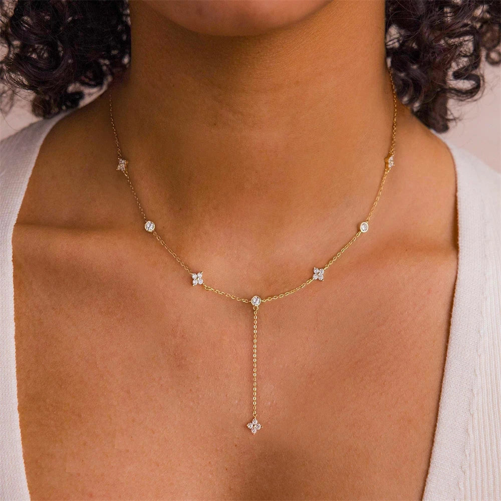 14K Gold Plated Lariat Necklace for Women CZ Star Clover Teardrop Y Shaped Drop Pendant Necklaces Elegant Party Wedding Jewel