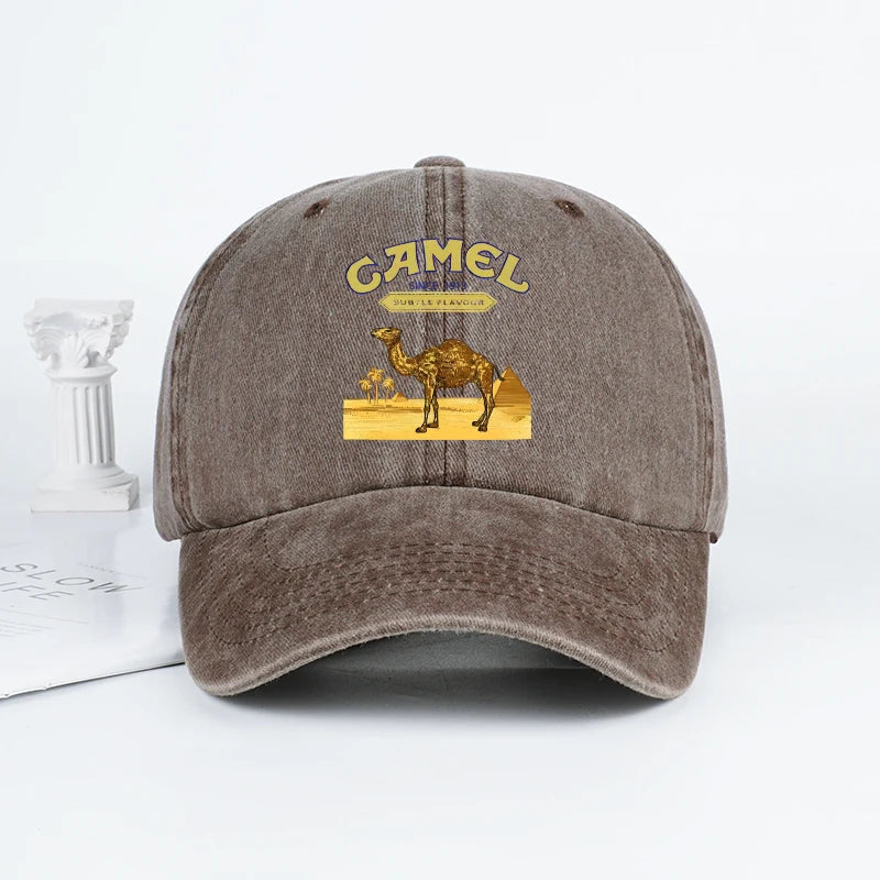 Vintage “Camel” Desert Scene Print Washed Baseball Cap - Adjustable Unisex Vintage Cap for Outdoor Hiking and Mountaineering 