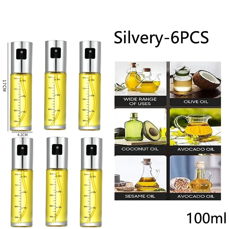 Glass Oil Sprayer for Cooking Olive Spray Mister for Salad BBQ Kitchen Baking Empty Vinegar Bottle - Silvery-6PCS