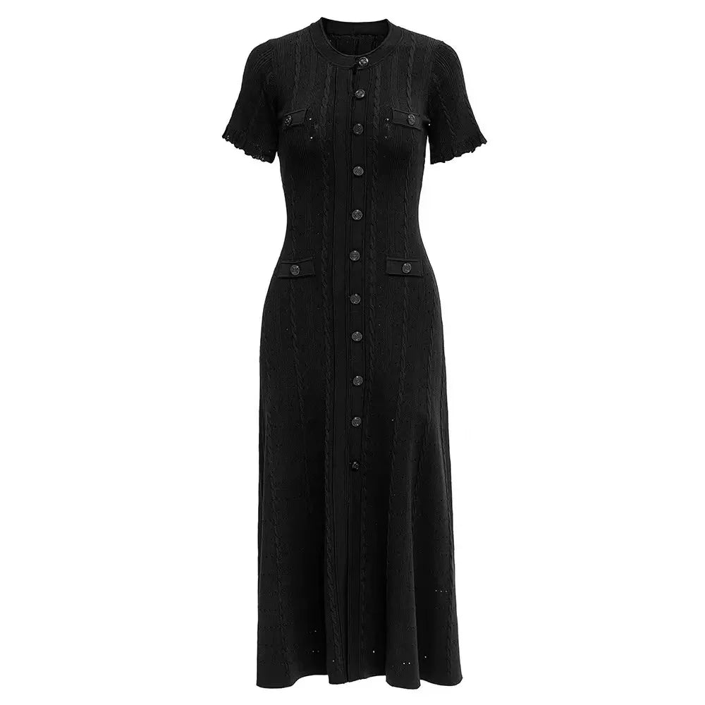 Vintage Cable Knit Midi Dress Button Front Ruffled Short Sleeve Pocket Design Elegant Party Casual Knitted Dress - black
