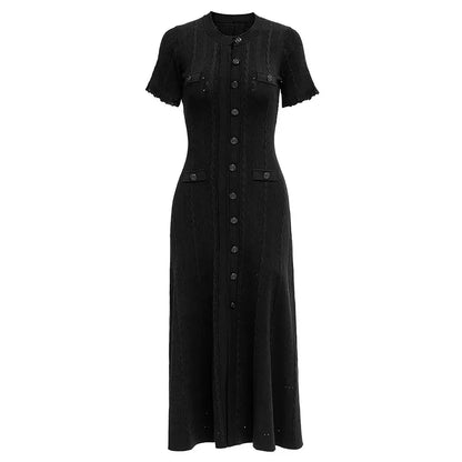 Vintage Cable Knit Midi Dress Button Front Ruffled Short Sleeve Pocket Design Elegant Party Casual Knitted Dress
