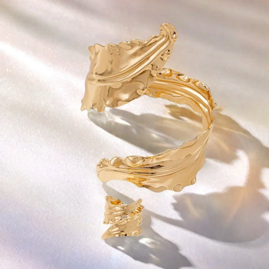 Vintage Fashion Pleated Leaf Bracelet Spiral Opening Adjustable Ring Set For Women Gold Color Bangle Party Holiday Jewelry