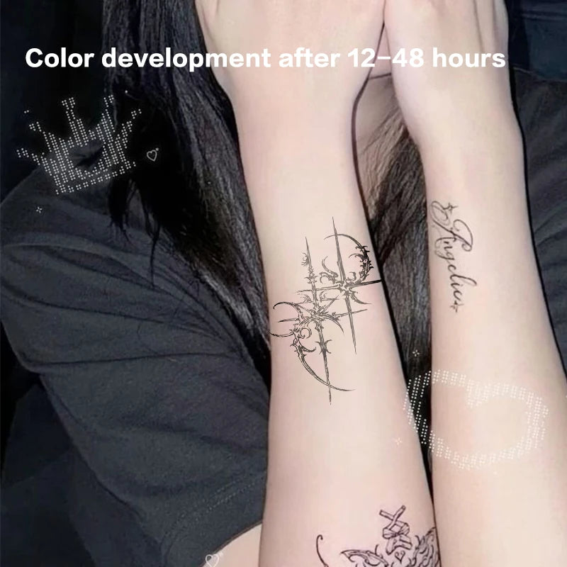 Sexy Hotwife Trend Temporary Tattoos Arm Waterproof Fake Tatto Dark Gothic Cross Herbal Juice Tattoo Sticker Bodyart Charm Pa