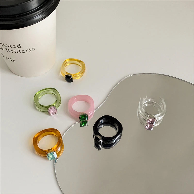 Fashion Luxury Irregular Geometric Transparent Colorful Crystal Rhinestone Zircon Round Ring For Women Shiny Jewelry Accessor