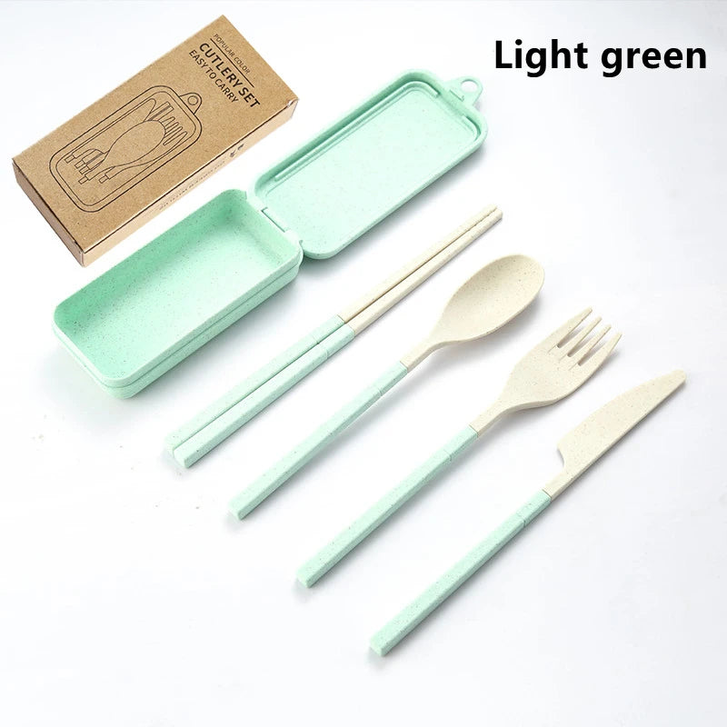 4Pcs Portable Tableware Set Wheat Straw Dinnerware Detachable Cutlery Travel Tableware Picnic Dinnerware Set Camping Cutlery 