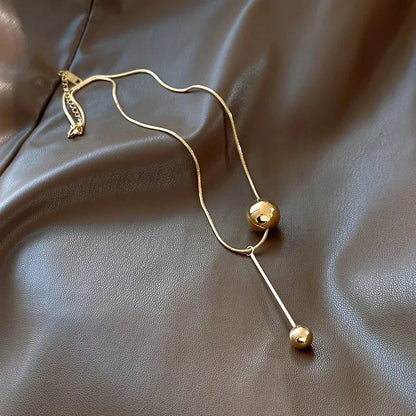 Stainless Steel Y‑Shape Lariat Necklace for Women Adjustable Ball Bead Snake Chain Gold Plated Tassel Neck Jewelry Daily Gift