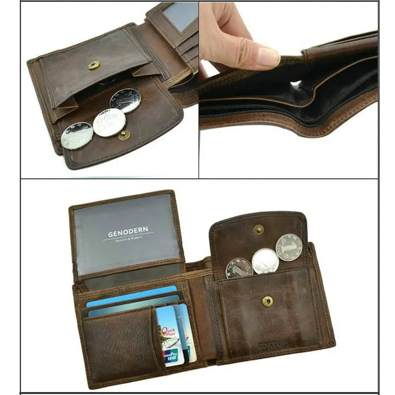 GENODERN Cow Leather Men Wallets with Coin Pocket Vintage Male Purse RFID Blocking Genuine Leather Men Wallet with Card Holde