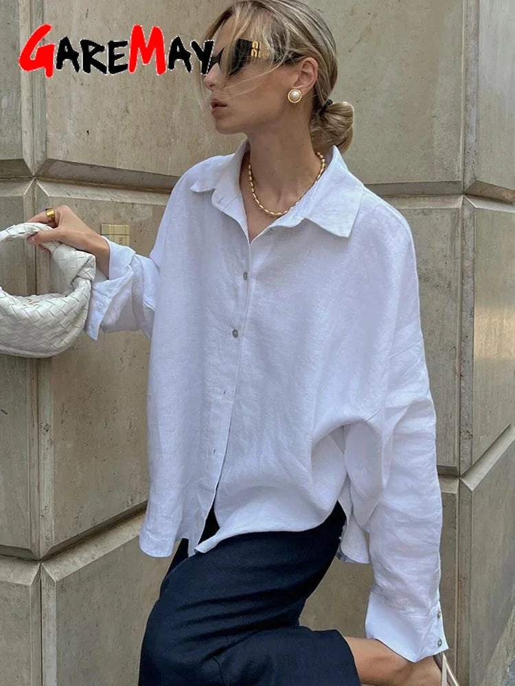 White Women's Linen Shirt Long Sleeve Elegant Pink Oversize Blouse Vintage Spring Basic Top Collar Cotton Linen Shirt for Wom