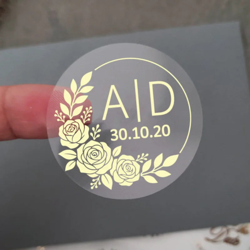 50 X Foiled Wedding Monogram Initials Stickers, Personalised Wedding Favour Labels, Custom Shiny Foil Gold Transparent - 120 